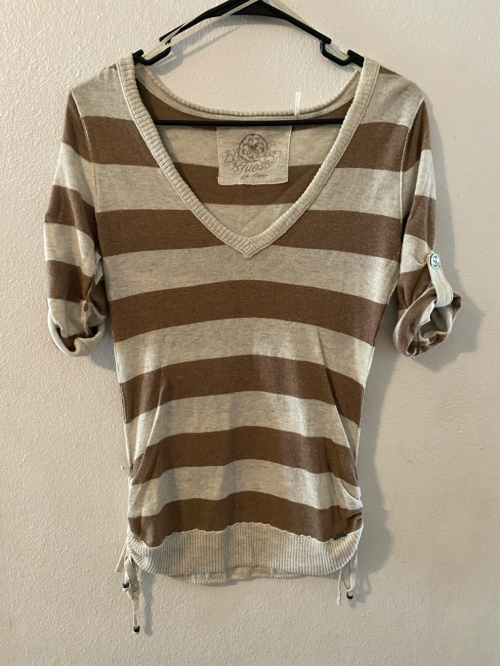 Guess Brown & Cream Striped V-Neck Roll-Sleeve Top